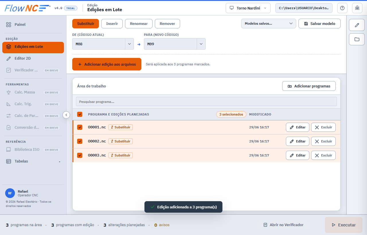 Tela Edições em Lote do FlowNC em dark mode com programas e chips de alteração