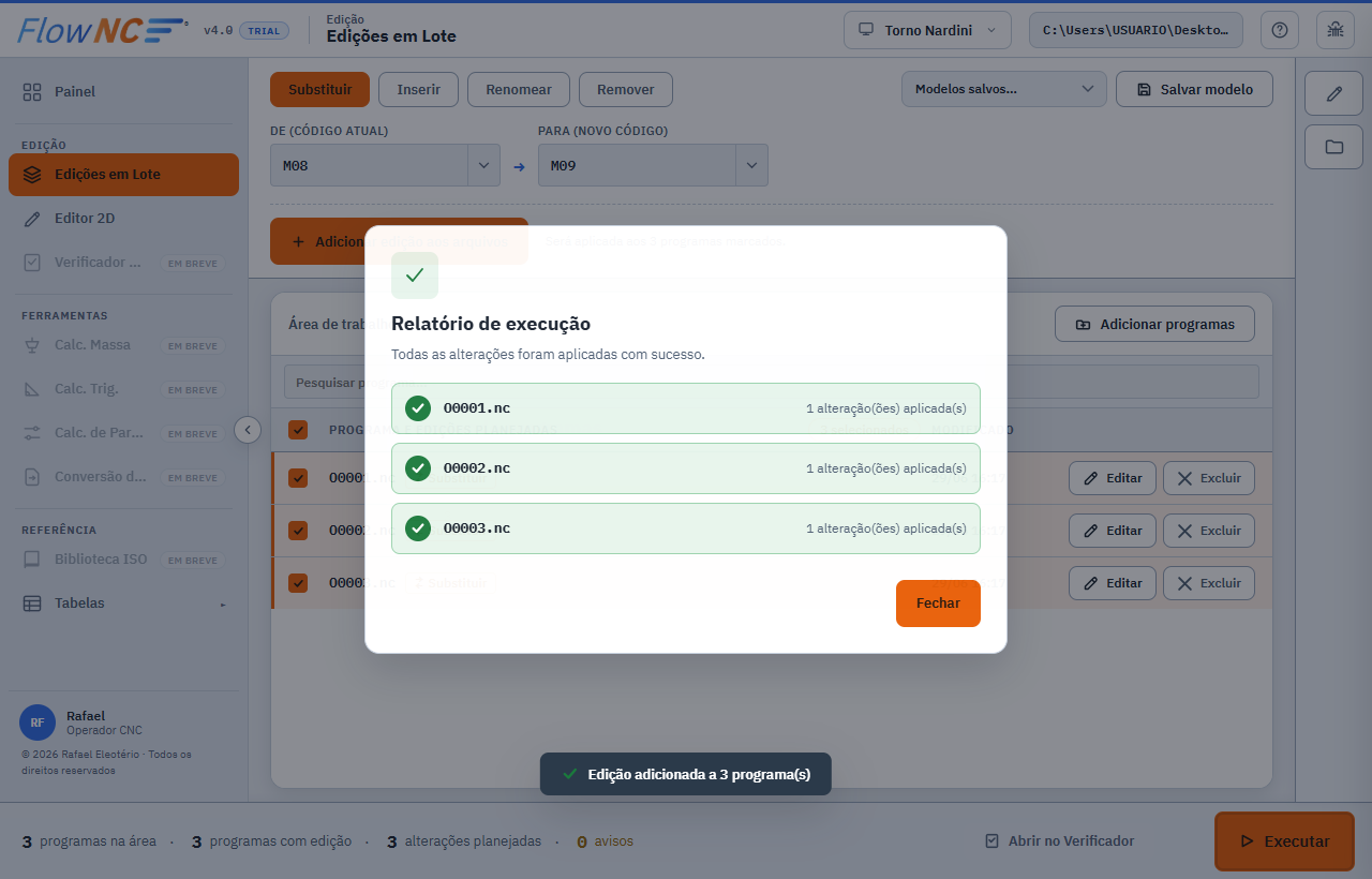 Relatório pós-execução detalhado e alertas de auditoria